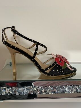 Black Polka Dot Floral Applique High Heel Sandals
